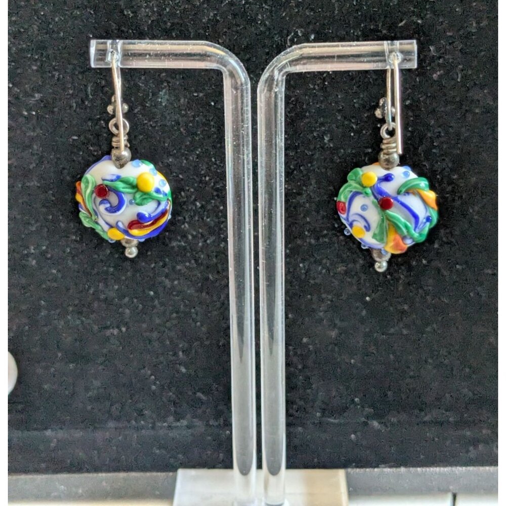 Hand Blown Glass Bead Earrings Colorful Swirls Sterling Silver Hooks - Picture 6 of 13